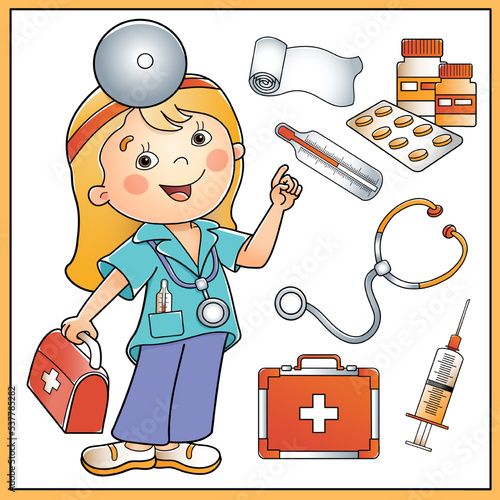 Coloring Page Outline Of cartoon doctor with first aid kit and medical instruments. Profession. Coloring book for kids.