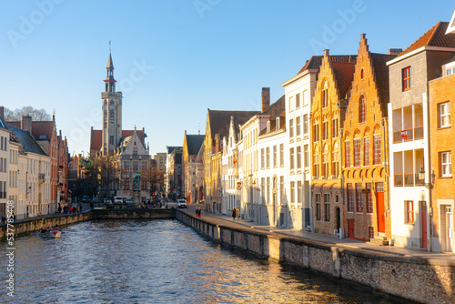 Jan Van Eyck Square , located along the canals of Academiestraat, Spiegelrei and Spanjaardstraat in Brugge during winter sunny day : Brugge , Belgium : November 30 , 2019