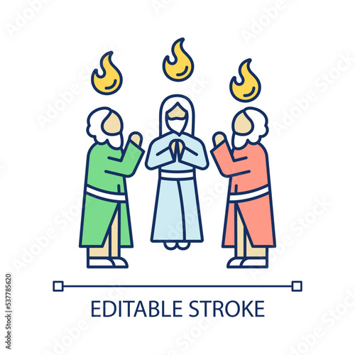 Apostles with holy tongues of fire RGB color icon. Pentecost celebration. Men stand in circle and pray. Isolated vector illustration. Simple filled line drawing. Editable stroke. Arial font used