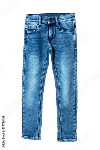 Blue jeans. Closeup of a trendy stylish blue denim pants or trousers for boys isolated on a white background. Kids summer and autumn fashion. Front view.