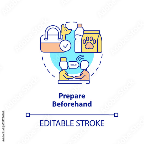 Prepare beforehand concept icon. Consult with veterinarian about pets travel. Fly tip abstract idea thin line illustration. Isolated outline drawing. Editable stroke. Arial, Myriad Pro-Bold fonts used