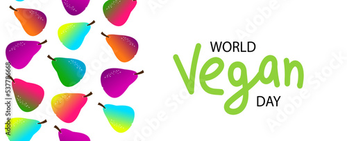  bright juicy fruits, World Vegetarian Day concept. conscious choice in favor of a healthy diet.vector flat banner