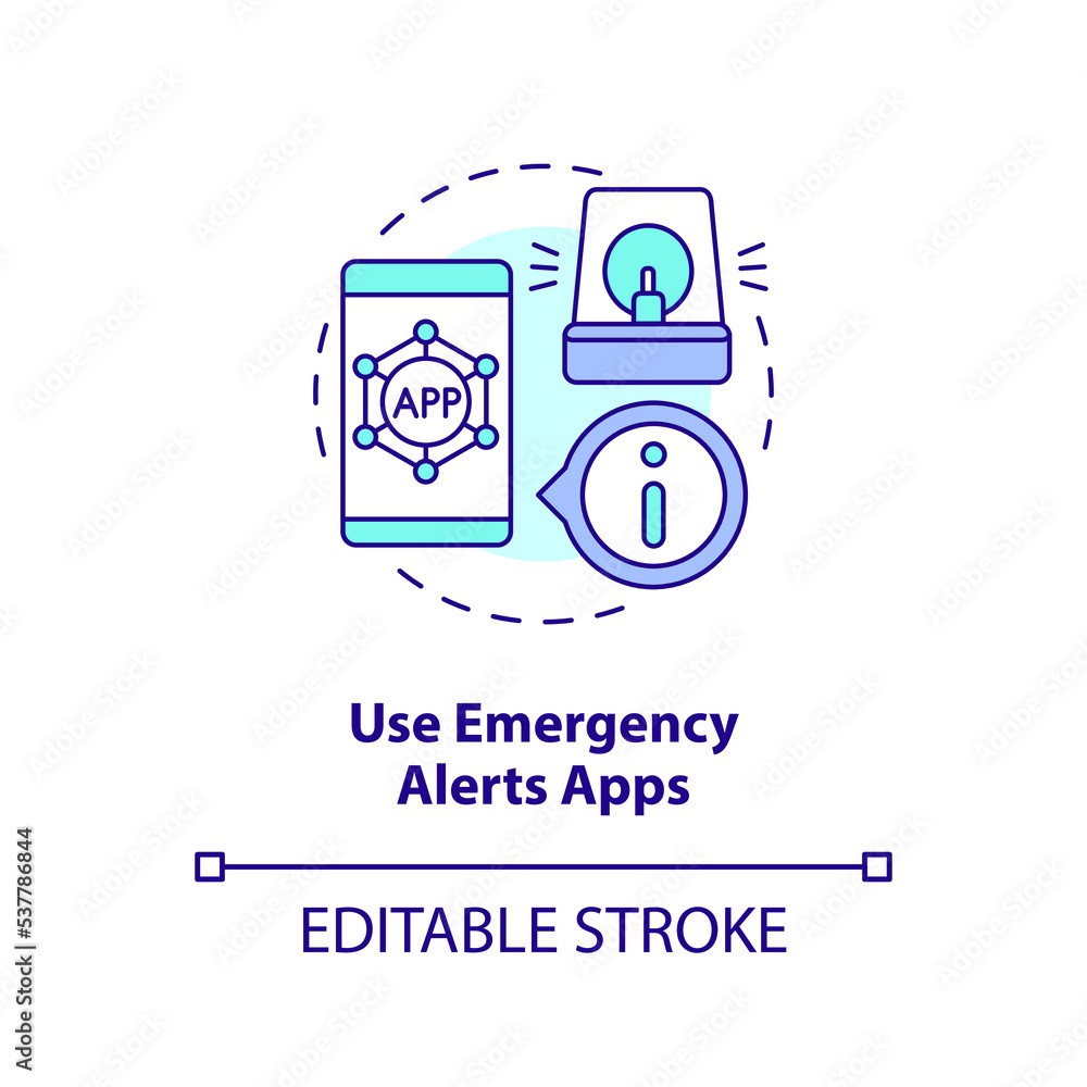 Use emergency alerts apps concept icon. Keep notification on. Safety trip information abstract idea thin line illustration. Isolated outline drawing. Editable stroke. Arial, Myriad Pro-Bold fonts used Use emergency alerts apps concept icon. Keep notification on. Safety trip information abstract idea thin line illustration. Isolated outline drawing. Editable stroke. Arial, Myriad Pro-Bold fonts used