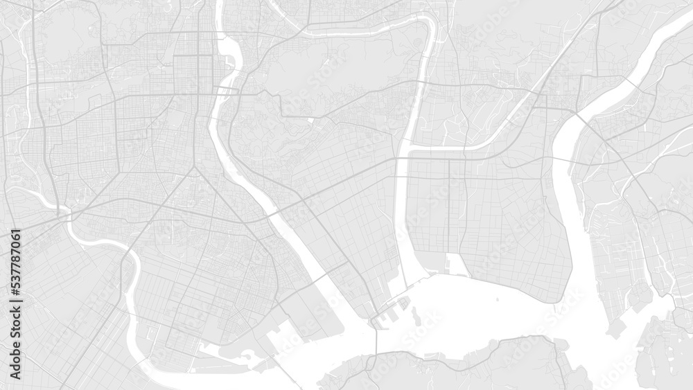 White and light grey Okayama city area vector background map, roads and water illustration. Widescreen proportion, digital flat design.
