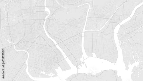White and light grey Okayama city area vector background map  roads and water illustration. Widescreen proportion  digital flat design.
