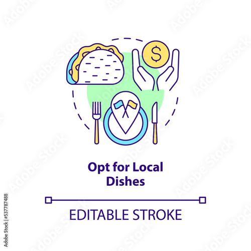 Opt for local dishes concept icon. Order traditional foods while traveling. Saving abstract idea thin line illustration. Isolated outline drawing. Editable stroke. Arial, Myriad Pro-Bold fonts used