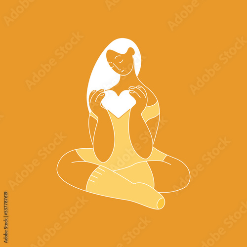 a modern illustration with the concept of psychological health. Pure mind and mental balance. The image of a girl embracing her inner world in the form of a heart