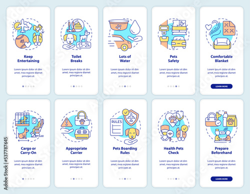 Traveling with pets onboarding mobile app screen set. Safety trip tips walkthrough 5 steps editable graphic instructions with linear concepts. UI, UX, GUI template. Myriad Pro-Bold, Regular fonts used