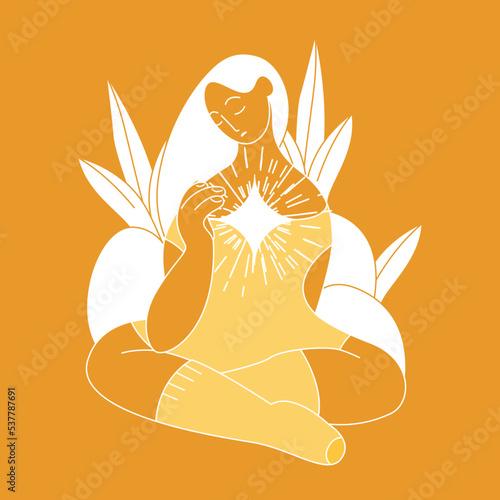 a modern illustration with the concept of psychological health. Pure mind and peace of mind. The image of a girl embracing her inner world in the form of a star