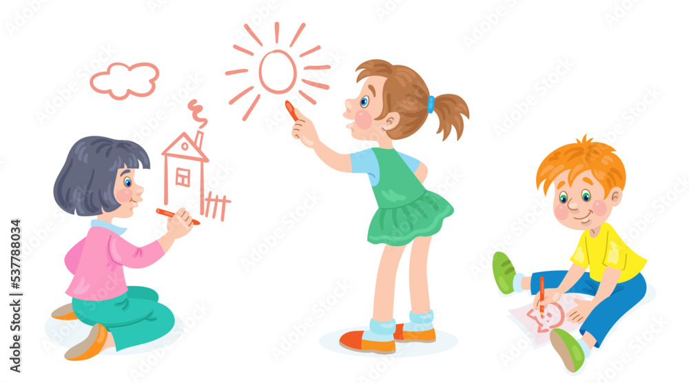 Children draw. Two little girls are painting on the wall. Funny boy draws while sitting on the floor. In cartoon style. Isolated on white background. Vector illustration Children draw. Two little girls are painting on the wall. Funny boy draws while sitting on the floor. In cartoon style. Isolated on white background. Vector illustration