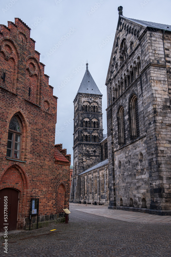 Obraz premium Historic facades of Lund Cathedral on winter day in Lund Sweden