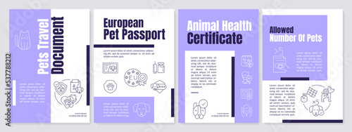 Pets travel document purple brochure template. Animal passport. Leaflet design with linear icons. Editable 4 vector layouts for presentation, annual reports. Anton-Regular, Lato-Regular fonts used