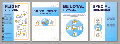 Airline upgrade blue brochure template. Comfort flight abroad. Leaflet design with linear icons. Editable 4 vector layouts for presentation, annual reports. Arial, Myriad Pro-Regular fonts used