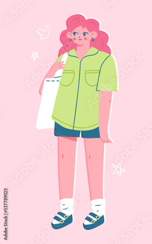 Cute girl wearing a shirt, shorts, sandals and socks. Vector illustration of trendy female fashion. Stylish young woman in casual outfit in colorful flat style.