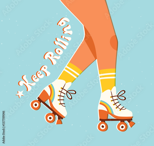 Girl's legs wearing retro roller skates and socks. Vector illustration of a roller skating woman and "Keep Rolling" message in colorful flat style. 70s or 80s roller disco concept.