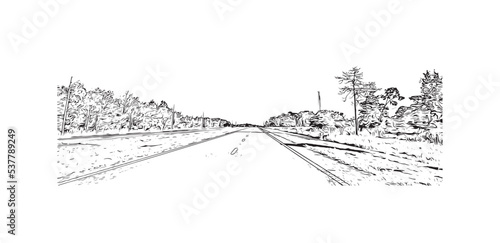 Building view with landmark of Palm Bay is the 
city in Florida. Hand drawn sketch illustration in vector.