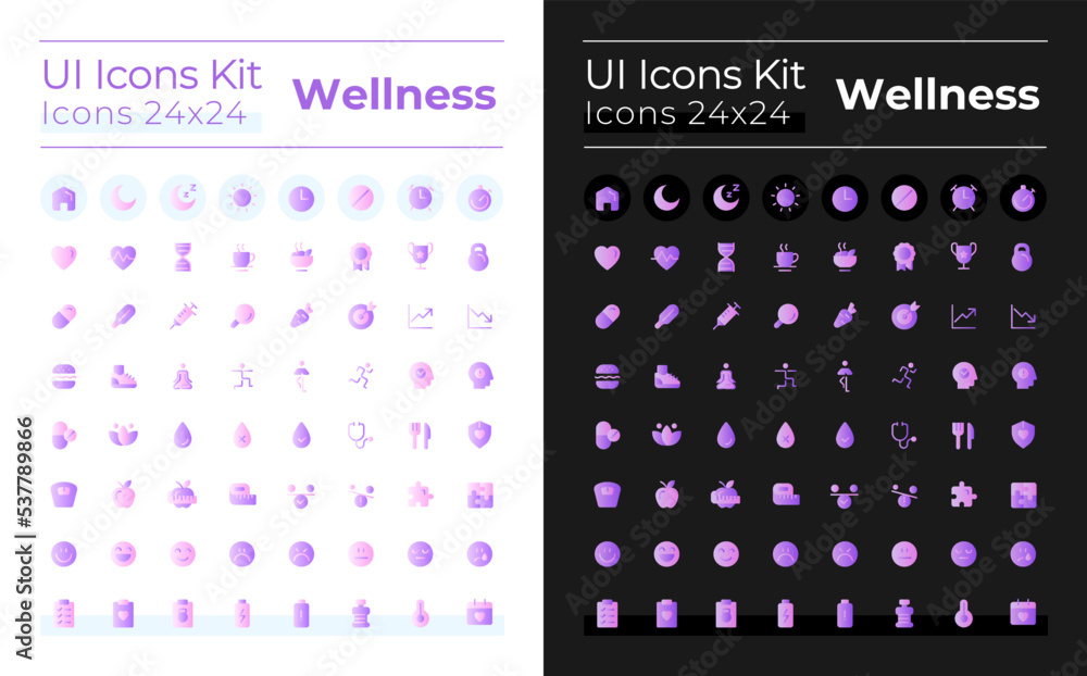 Wellness flat gradient two-color ui icons set for dark, light mode. Active and healthy lifestyle. Vector isolated RGB pictograms. GUI, UX design for web, mobile. Montserrat Bold, Light fonts used Wellness flat gradient two-color ui icons set for dark, light mode. Active and healthy lifestyle. Vector isolated RGB pictograms. GUI, UX design for web, mobile. Montserrat Bold, Light fonts used