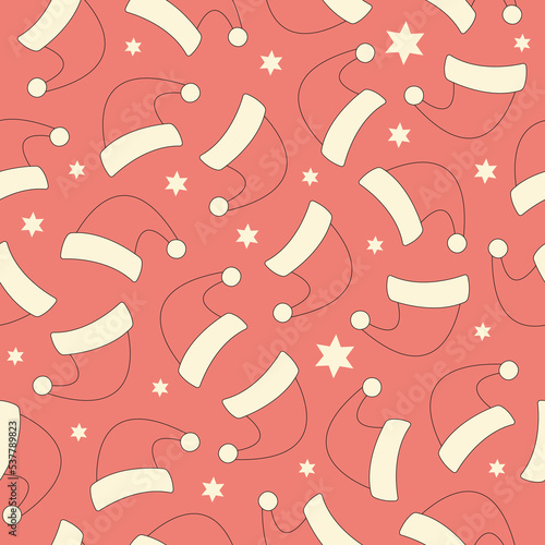 Seamless pattern with Santa Claus hat on a red background. Christmas monochrome design in style retro 70s, 80s. Vector illustration