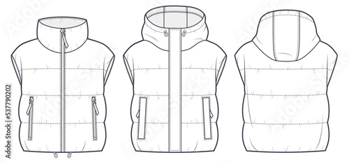 Cropped Down Jacket Vest technical fashion Illustration.  Hooded Puffer Jacket Vest technical drawing template, sleeveless, pocket, front and back view, white, women, men, unisex CAD mockup set.