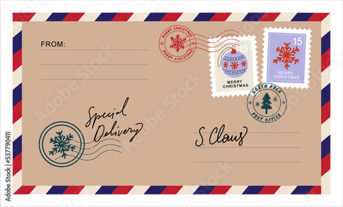 Christmas envelope with stamps, seals and inscriptions to santa claus. Special Delivery.