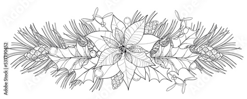 Outline garland with Poinsettia or Christmas Star, pine and cone in black isolated on white. 
