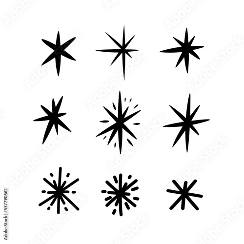 Hand drawn snowflakes and stars icons set on white background for decoration design. Doodle vector illustration. Winter elements for Christmas and New Year