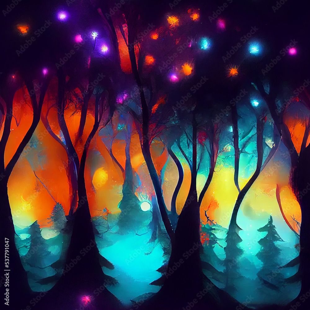 Obraz premium Colorful Dark Night Fairytale Fantasy Forest Landscape with Magical Glows, Abstract forest with Magic Fantasy Neon Lights Night Atmosphere, Fairy Tale Forest Concept