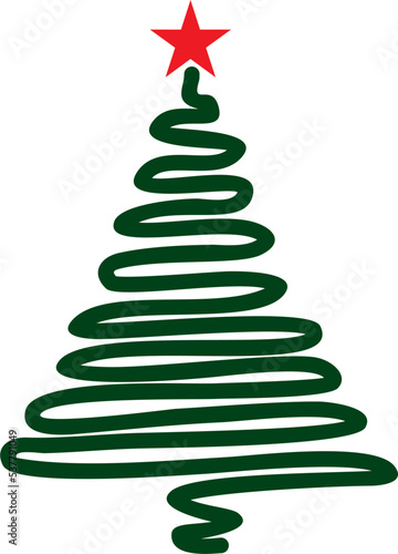 Vector green Christmas tree drawn with one line. Festive tree. Spruce with a red star on top..