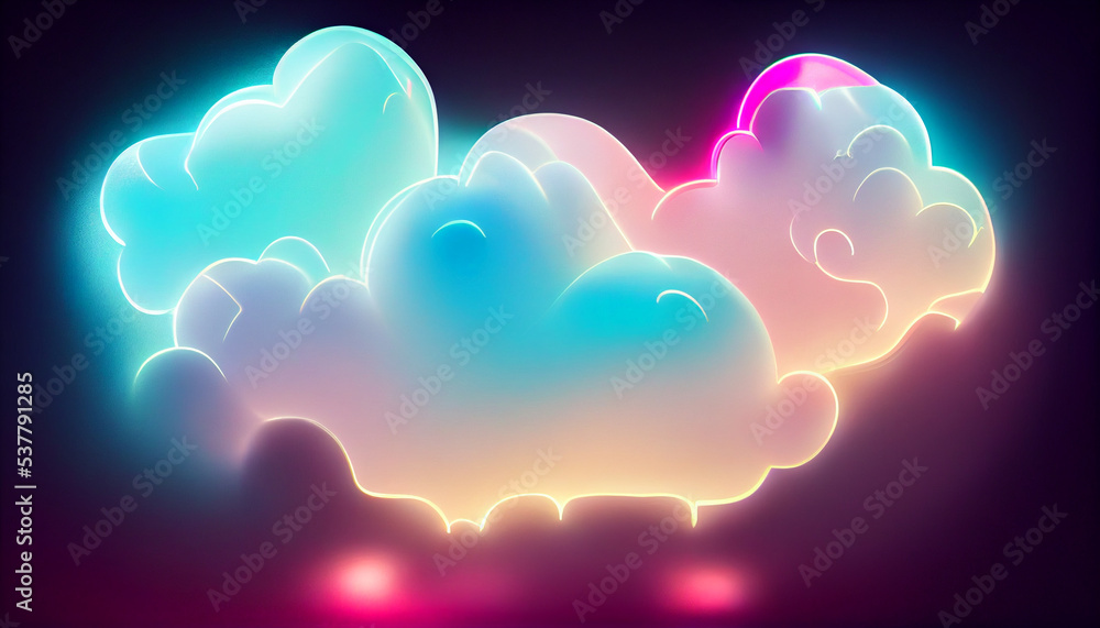 dreamy clouds in multicolor neon light spectrum, fantasy colorful clouds neon paint color wide panorama background, cloudy neon space Illustration