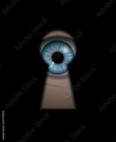 Vector illustration of human blue eye peeking through the dark keyhole spying on someone