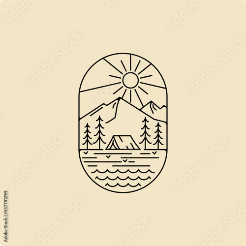 Forest Adventure, Summer Camp Badge Vector line art Logo Template design
