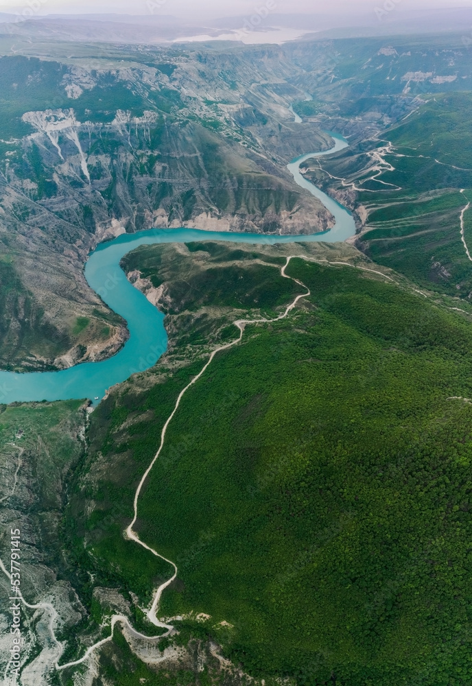Sulak Canyon. Sights of Dagestan. Vertical panorama from a drone. Tourism in Russia. Topics of travel and postcards. The deepest canyon in the world. Mountains and gorges.