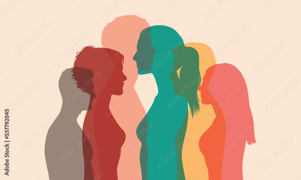 People talking among themselves. Coloured cartoon character profiles. Many people talking to each other. Various ethnicities. Multi-ethnic people in a large group of people. 
