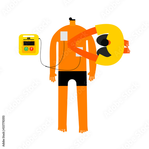 Illustration of a cardiopulmonary Resuscitation with an automatic external defibrillator by one person.