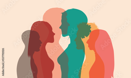 Dialogue people profile. Group of isolated coloured cartoon Character people talking. Multiple exposure, Conference or debate. Discussion or comparison between friends. 