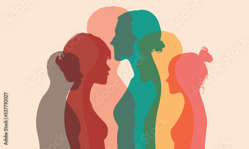 Dialogue people profile. Group of isolated coloured cartoon Character people talking. Multiple exposure, Conference or debate. Discussion or comparison between friends. 