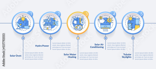Power home with renewable energy ways circle infographic template. Data visualization with 5 steps. Editable timeline info chart. Workflow layout with line icons. Lato Bold, Regular fonts used