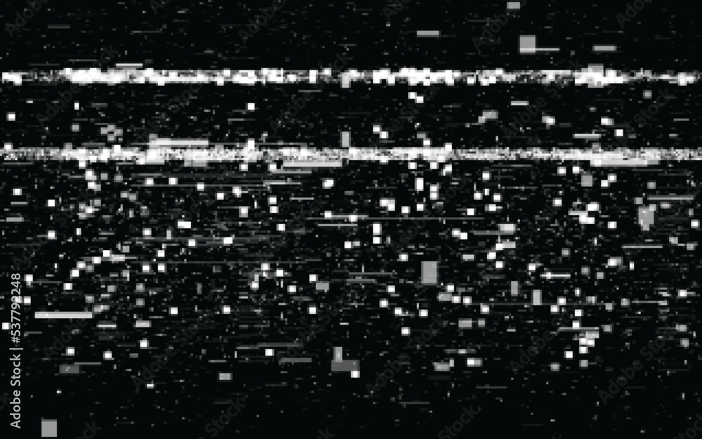 Glitch retro effect. VHS video distortions. White random shapes and lines. Old analog videotape texture. No signal screen. Vector illustration Glitch retro effect. VHS video distortions. White random shapes and lines. Old analog videotape texture. No signal screen. Vector illustration