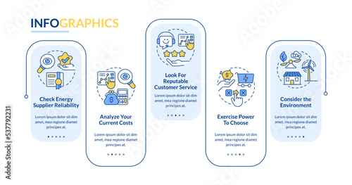 Choosing energy supplier factors rectangle infographic template. Data visualization with 5 steps. Editable timeline info chart. Workflow layout with line icons. Lato-Bold, Regular fonts used