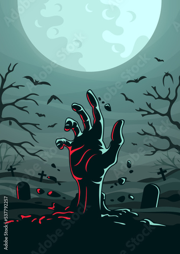 Zombie hand on the cemetery background. Halloween. Vector.