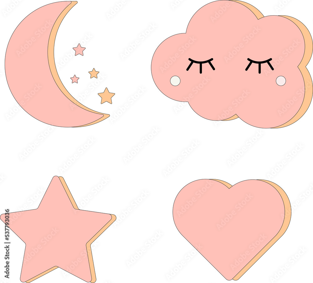 A collection of 4 children's icons: the moon with stars, a star, a cloud and a heart. A collection of 4 children's icons: the moon with stars, a star, a cloud and a heart.