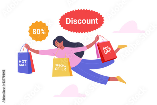 Happy Woman Got a Lot Of Discount Shopping Vector