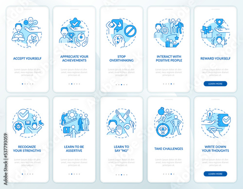 Overcoming lack of confidence blue onboarding mobile app screen set. Walkthrough 5 steps editable graphic instructions with linear concepts. UI, UX, GUI template. Myriad Pro-Bold, Regular fonts used