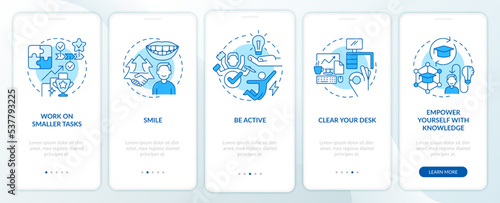 Boost self confidence at work blue onboarding mobile app screen. Walkthrough 5 steps editable graphic instructions with linear concepts. UI, UX, GUI template. Myriad Pro-Bold, Regular fonts used