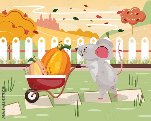 Cute small mouse with a wheelbarrow carrying pumpkins and berries in it. Autumn landscape with a cute mouse. © Marina