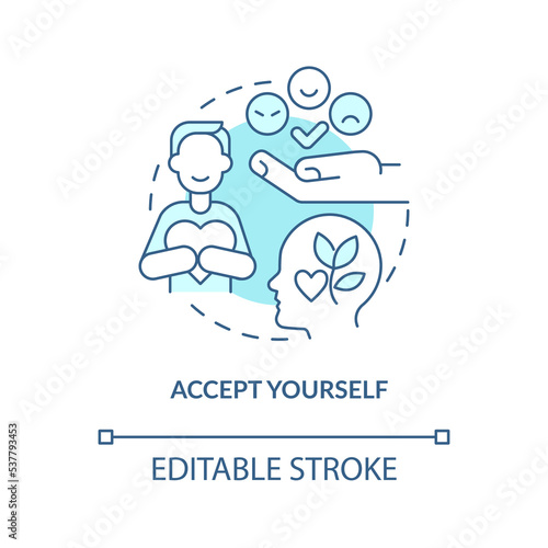 Accept yourself turquoise concept icon. Self love. Overcoming lack of confidence abstract idea thin line illustration. Isolated outline drawing. Editable stroke. Arial, Myriad Pro-Bold fonts used