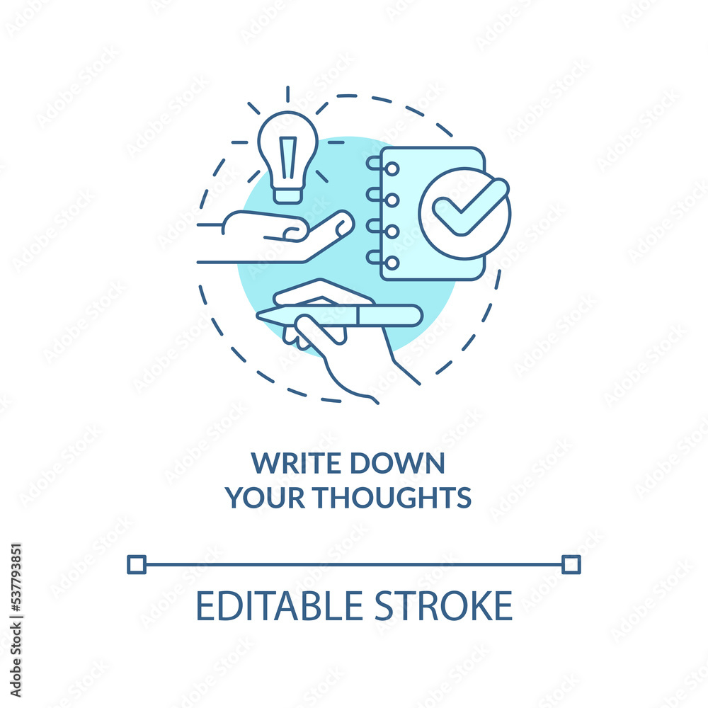 Write down your thoughts turquoise concept icon. Keep dairy. Improving self esteem abstract idea thin line illustration. Isolated outline drawing. Editable stroke. Arial, Myriad Pro-Bold fonts used Write down your thoughts turquoise concept icon. Keep dairy. Improving self esteem abstract idea thin line illustration. Isolated outline drawing. Editable stroke. Arial, Myriad Pro-Bold fonts used