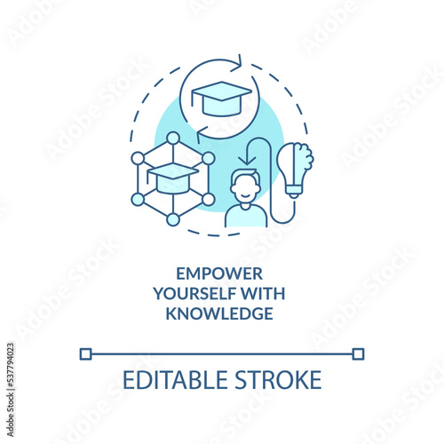 Empower yourself with knowledge turquoise concept icon. Boost self confidence at work abstract idea thin line illustration. Isolated outline drawing. Editable stroke. Arial, Myriad Pro-Bold fonts used