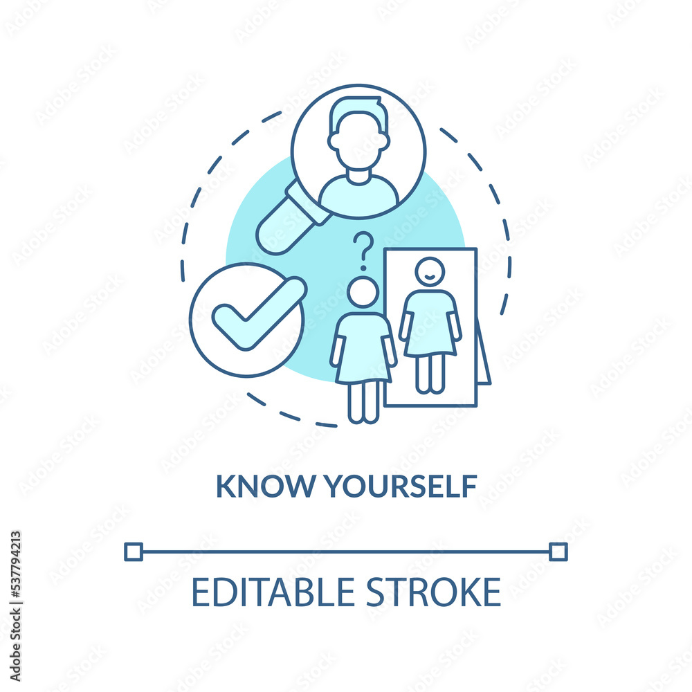 Know yourself turquoise concept icon. Self recognition. Improving self esteem abstract idea thin line illustration. Isolated outline drawing. Editable stroke. Arial, Myriad Pro-Bold fonts used Know yourself turquoise concept icon. Self recognition. Improving self esteem abstract idea thin line illustration. Isolated outline drawing. Editable stroke. Arial, Myriad Pro-Bold fonts used