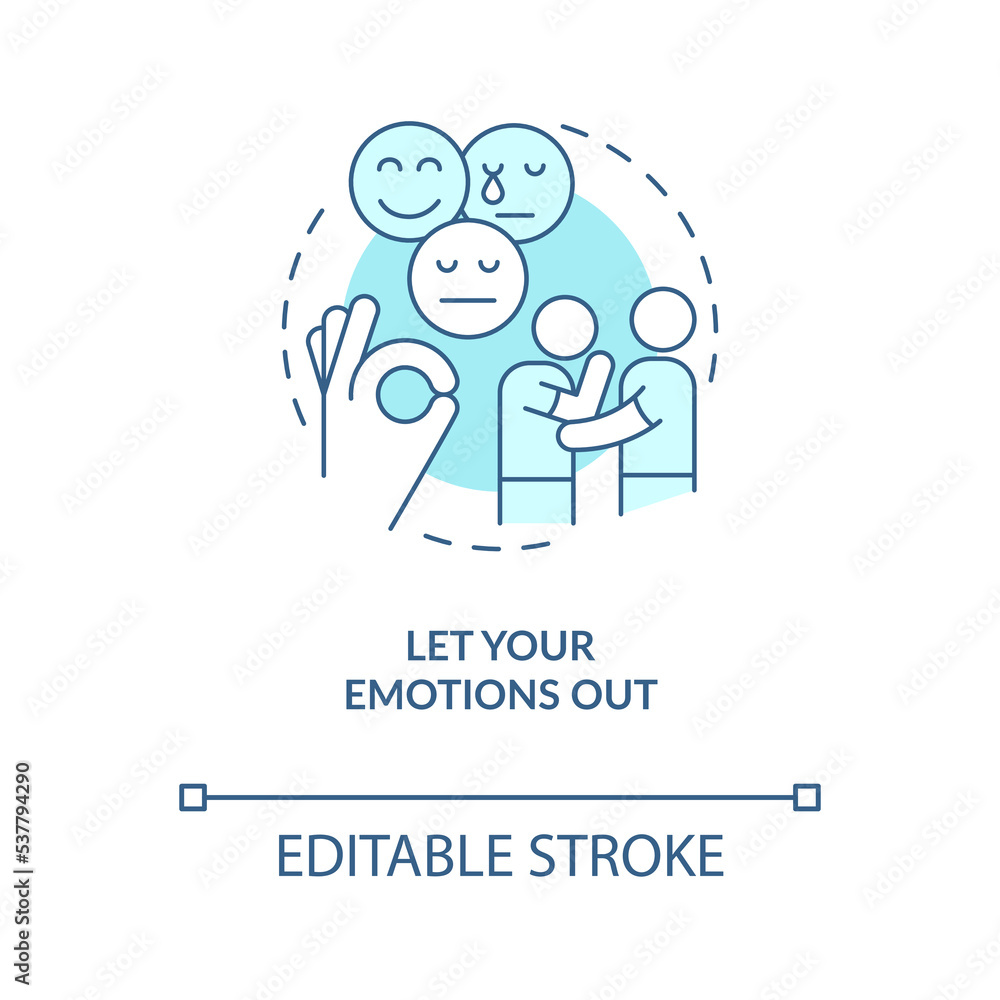 Let your emotions out turquoise concept icon. Accept feelings. Improving self esteem abstract idea thin line illustration. Isolated outline drawing. Editable stroke. Arial, Myriad Pro-Bold fonts used Let your emotions out turquoise concept icon. Accept feelings. Improving self esteem abstract idea thin line illustration. Isolated outline drawing. Editable stroke. Arial, Myriad Pro-Bold fonts used